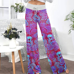Purple Neon Skull Rose Women's High-waisted Wide Leg Pants
