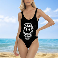 One Piece Bikini Black Crowned Skull Print Swimwear