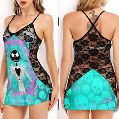 Cyan Skeleton Art Women's Black Lace Cami Dress Babydolls Nightgowns