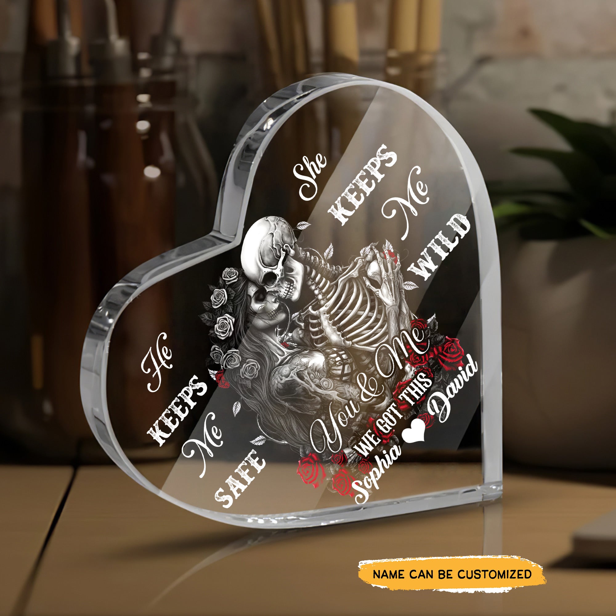We Keep Us - Customized Skull Couple Crystal Heart Anniversary Gifts