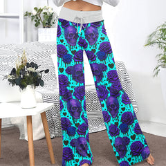 Neon Skull Rose Melting Women's High-waisted Wide Leg Pants