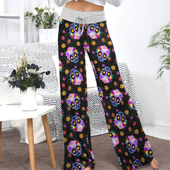 Colorful Skull Flower Pattern Women's High-waisted Wide Leg Pants