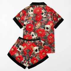 Red Skull Cherry Blossom Women's Pajama Sets Top Sleeve & Short Bottom