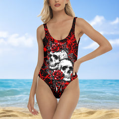 One Piece Bikini Skulls Red Rose Gothic Print Swimwear