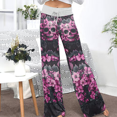 Pink Skull Flower Women's High-waisted Wide Leg Pants