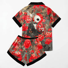 Masked Skeleton Flower Art Women's Pajama Sets Top Sleeve & Short Bottom