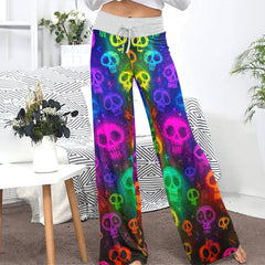 Neon Sugar Skulls Pattern Women's High-waisted Wide Leg Pants