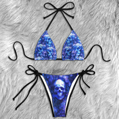 Ethereal Blue Floral Skull Micro Triangle Bikini Swimsuit