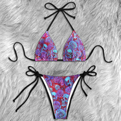 Abstract Skull Rose Neon Micro Triangle Bikini Swimsuit