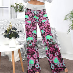 Neon Skull Flower Pattern Women's High-waisted Wide Leg Pants