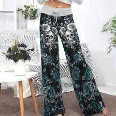Cyan Skull Rose Floral Women's High-waisted Wide Leg Pants