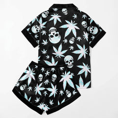 Holographic Skull Leaf Women's Pajama Sets Top Sleeve & Short Bottom