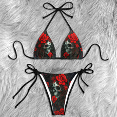 Red Skull Rose Gothic Micro Triangle Bikini Swimsuit