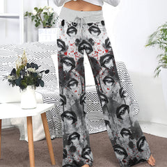 Black Skull Lip Pattern Women's High-waisted Wide Leg Pants