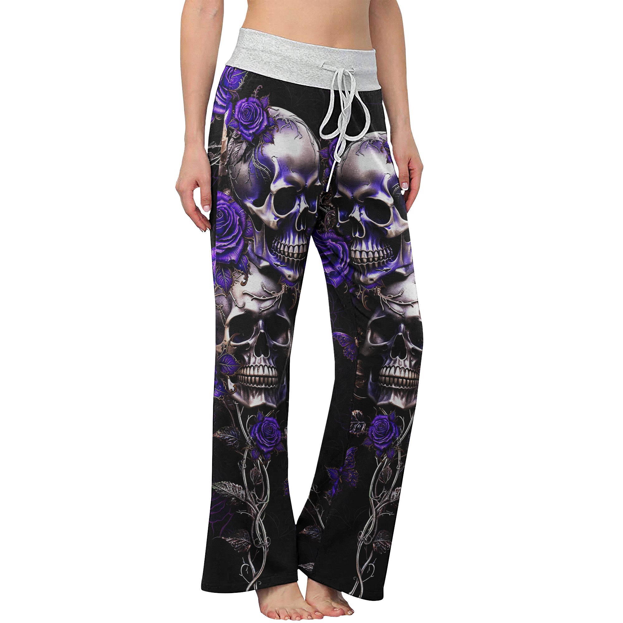 Violet Skull Flower Gothic Women's High-waisted Wide Leg Pants | Wonder Skull
