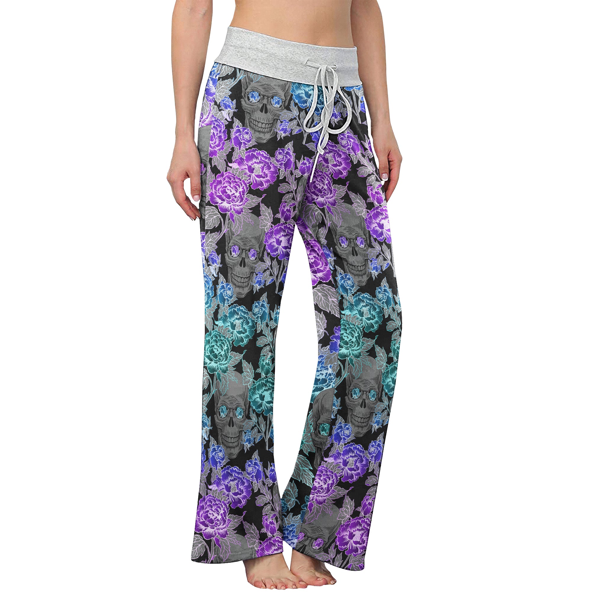 Floral Colorful Skull Women's High-waisted Wide Leg Pants | Wonder Skull