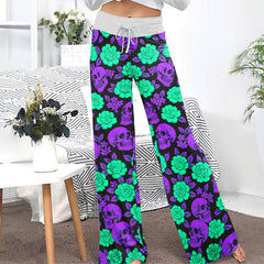 Neon Glowing Skulls Roses Women's High-waisted Wide Leg Pants