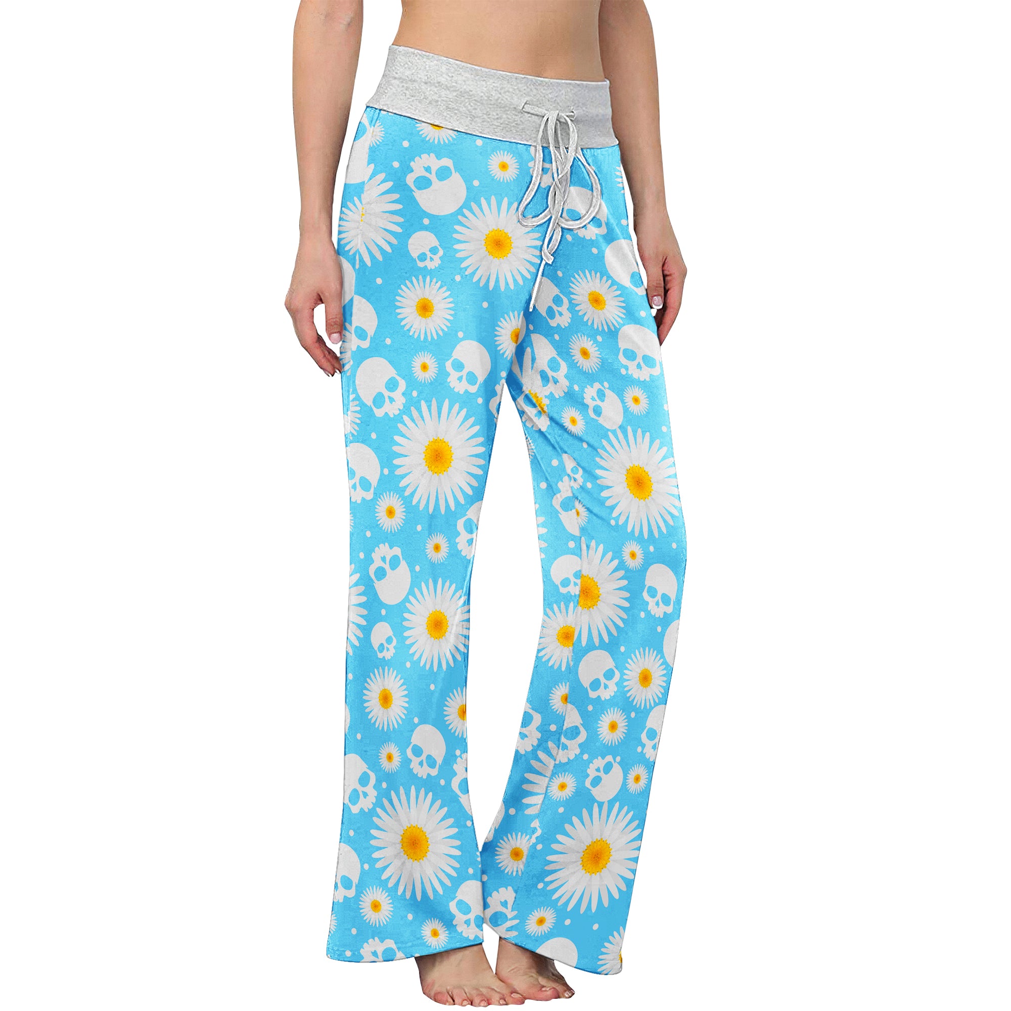 Blue Daisy Skull Women's High-waisted Wide Leg Pants | Wonder Skull