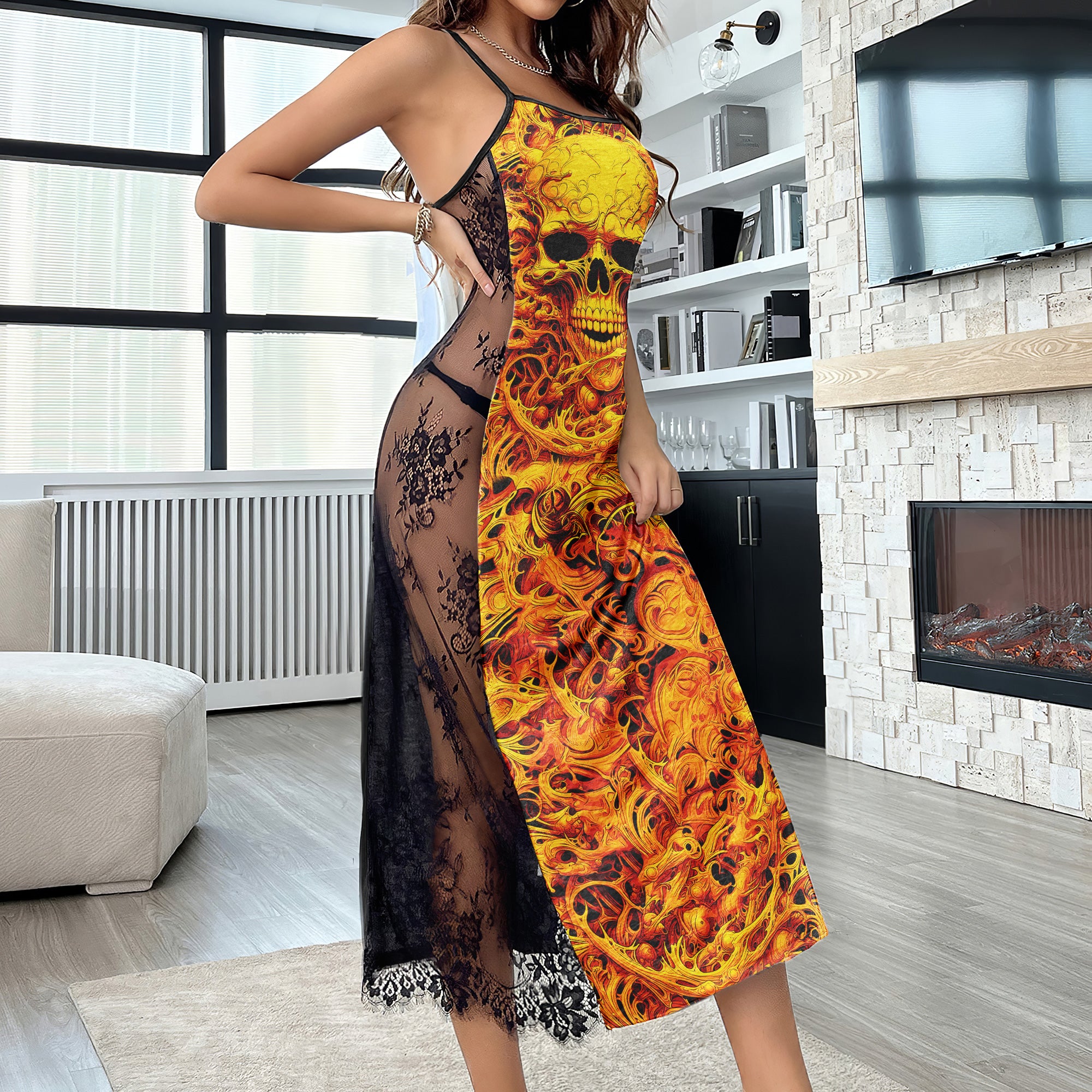 Orange Effect Flow Skull Women's Lace Cami Sleepwear | Gothic, Punkrock, Lingerie for Women