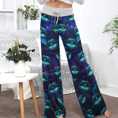 Cyan Skull Lip Rose Women's High-waisted Wide Leg Pants
