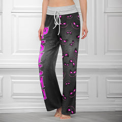 Stitched Violet Skull Pattern Women's High-waisted Wide Leg Pants