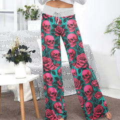 Pink Skull Garden Women's High-waisted Wide Leg Pants