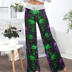 Violet Green Skull Pattern Women's High-waisted Wide Leg Pants