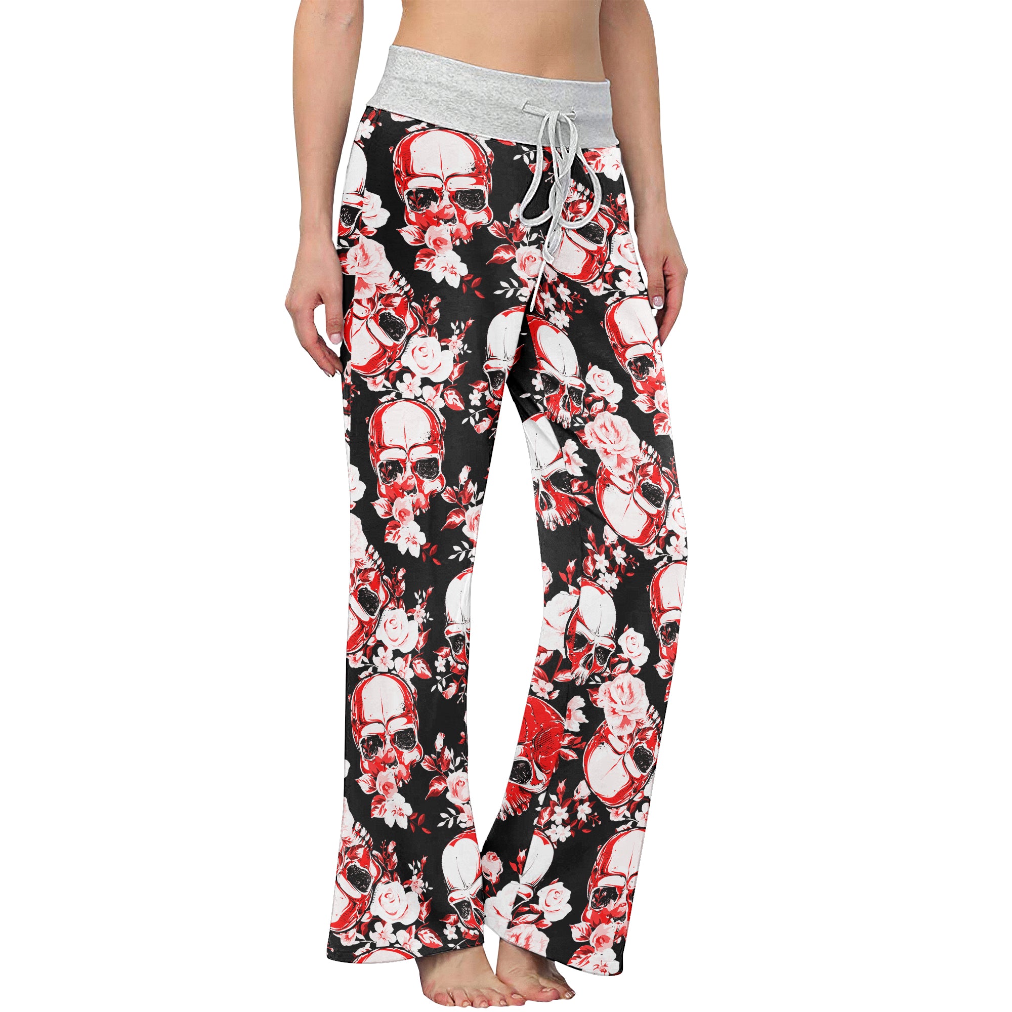 Floral Skull Abstract Women's High-waisted Wide Leg Pants | Wonder Skull