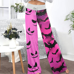 Pink Bat Skull Pattern Women's High-waisted Wide Leg Pants