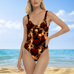 One Piece Bikini Nocturnal Bloom Skulls Print Swimwear