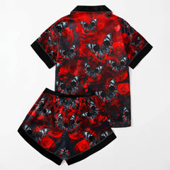 Red Butterfly Skull Women's Pajama Sets Top Sleeve & Short Bottom