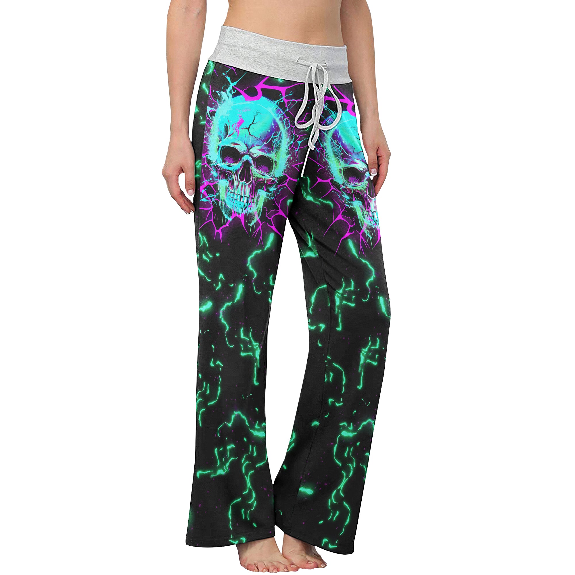 Electric Cyan Skull Women's High-waisted Wide Leg Pants | Wonder Skull