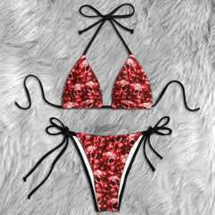 Crimson Floral Skull Pattern Micro Triangle Bikini Swimsuit