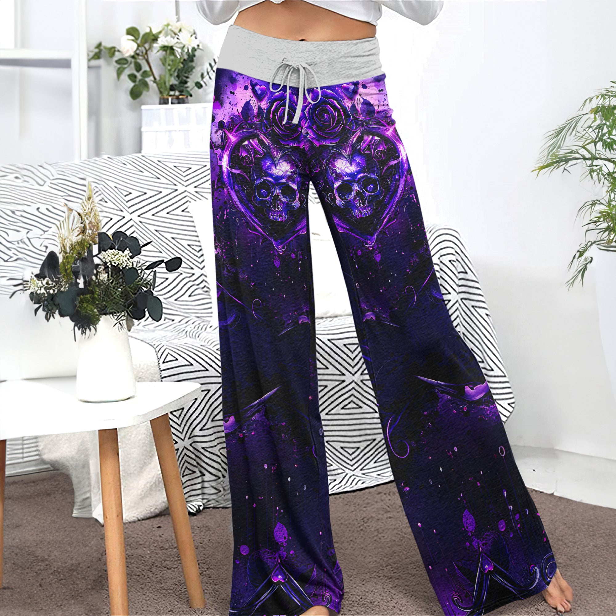 Purple Skull Flower Gothic Women's High-waisted Wide Leg Pants | Wonder Skull