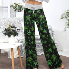 Green Skull Leaf Pattern Women's High-waisted Wide Leg Pants