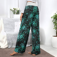 Cyan Floral Nightmare Theme Women's High-waisted Wide Leg Pants | Wonder Skull
