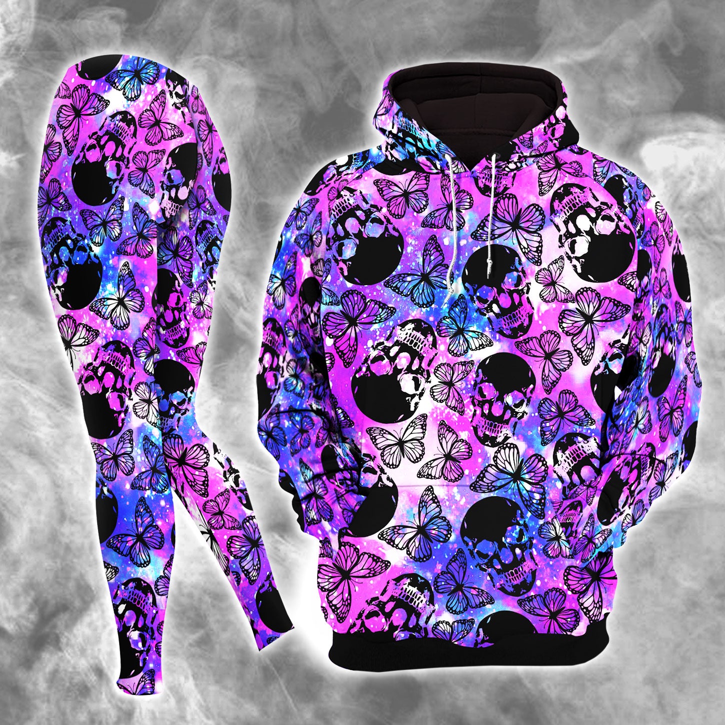 Purple Smoke Skull Butterfly Combo Hoodie and Leggings - Dark and edgy matching set with skull designs for a unique and stylish look.