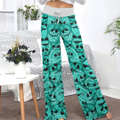Cyan Whimsical Skull Paisley Women's High-waisted Wide Leg Pants