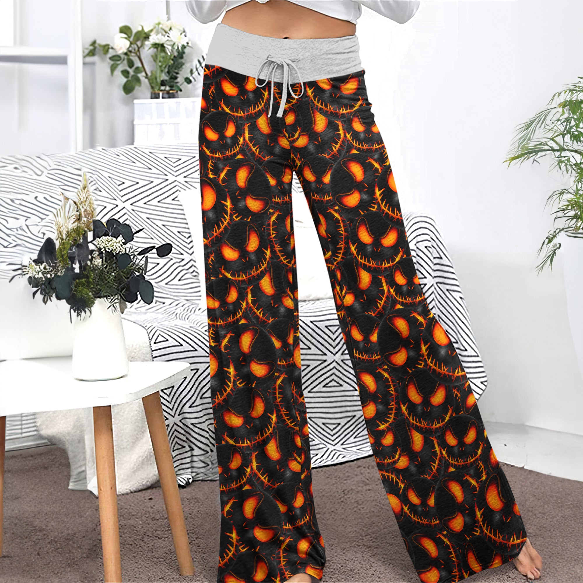 Orange Scary Face Pattern Women's High-waisted Wide Leg Pants | Wonder Skull