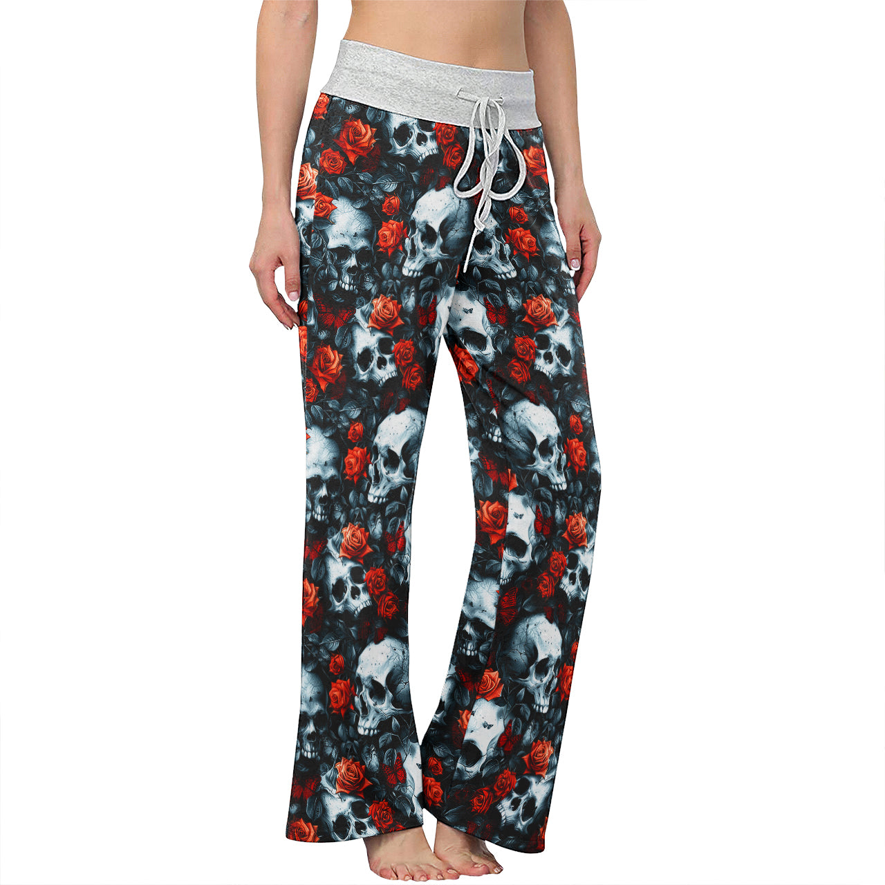 Skull Rose Gothic Women's High-waisted Wide Leg Pants | Wonder Skull