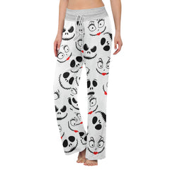 White Pajama Pants Print Drawstring Palazzo Lounge Pants Wide Leg