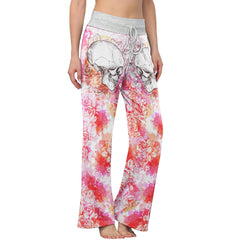 Pink Floral Skull Women's High-waisted Wide Leg Pants | Wonder Skull