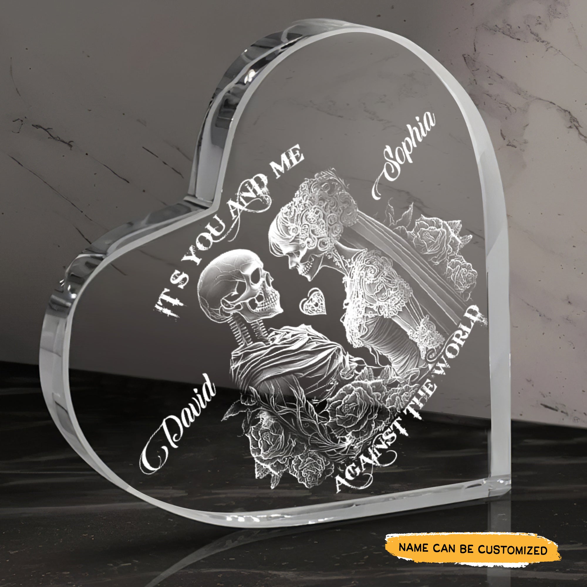 You & Me True Love - Customized Skull Couple Crystal Heart Anniversary Gifts