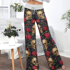 Gothic Skull Rose Art Women's High-waisted Wide Leg Pants