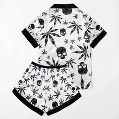 Black Skull Leaf Pattern Women's Pajama Sets Top Sleeve & Short Bottom
