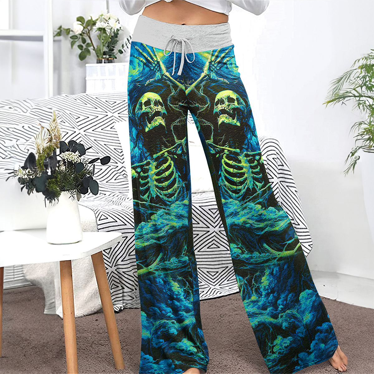 Skull Art Smoke Cyan Women's High-waisted Wide Leg Pants | Wonder Skull