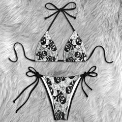 Vintage Grunge Skull Pattern Micro Triangle Bikini Swimsuit