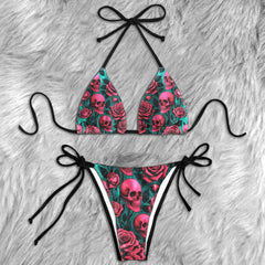 Vintage Floral Skull Rose Micro Triangle Bikini Swimsuit