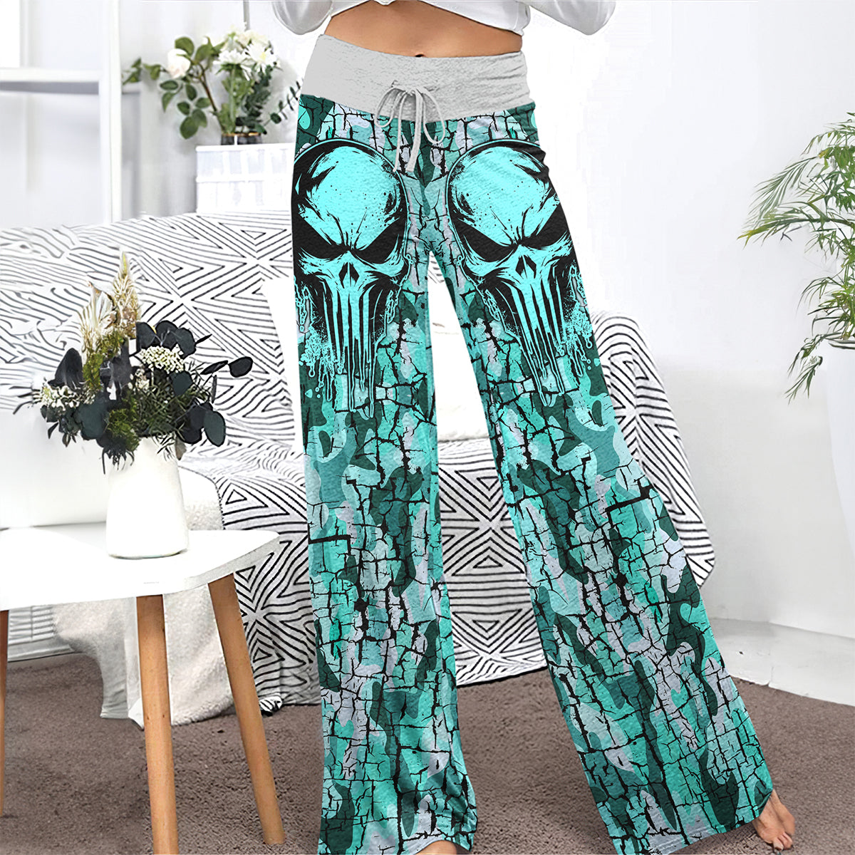 MintCream Skull Women's High-waisted Wide Leg Pants | Wonder Skull
