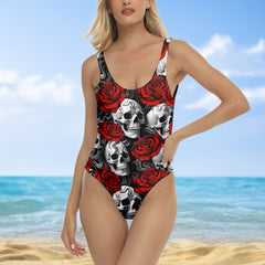 One Piece Bikini Velvet Shadow Skull Rose Print Swimwear